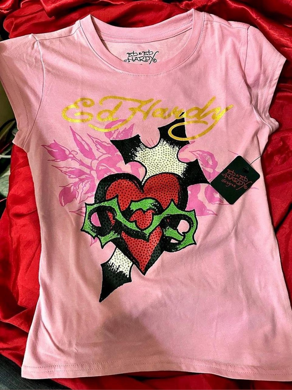 Ed Hardy Pink Graphic Short-Sleeve baby tee in “bubblegum”